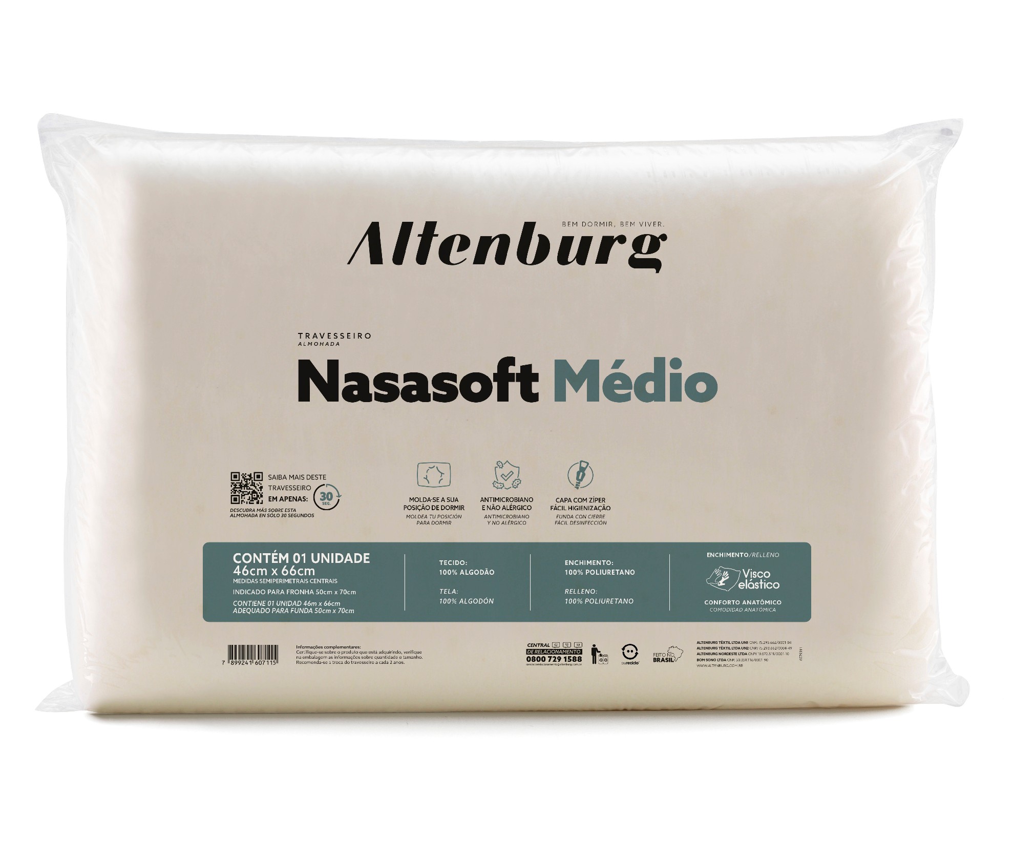 Travesseiro Altenburg Nasasoft Médio e Macio 46cm x 66cm