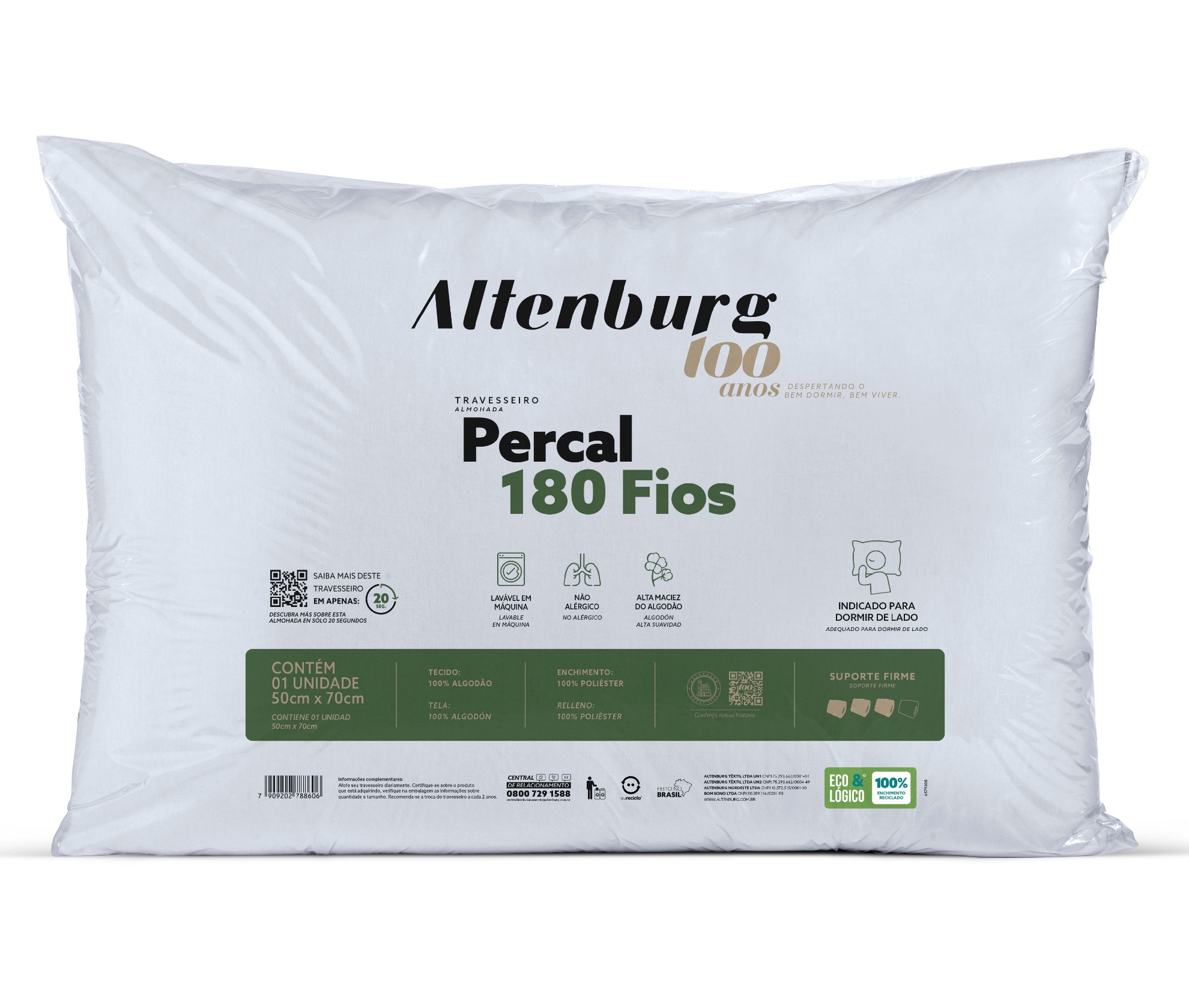 Travesseiro Altenburg 180 Fios 100 Anos 50cm x 70 cm